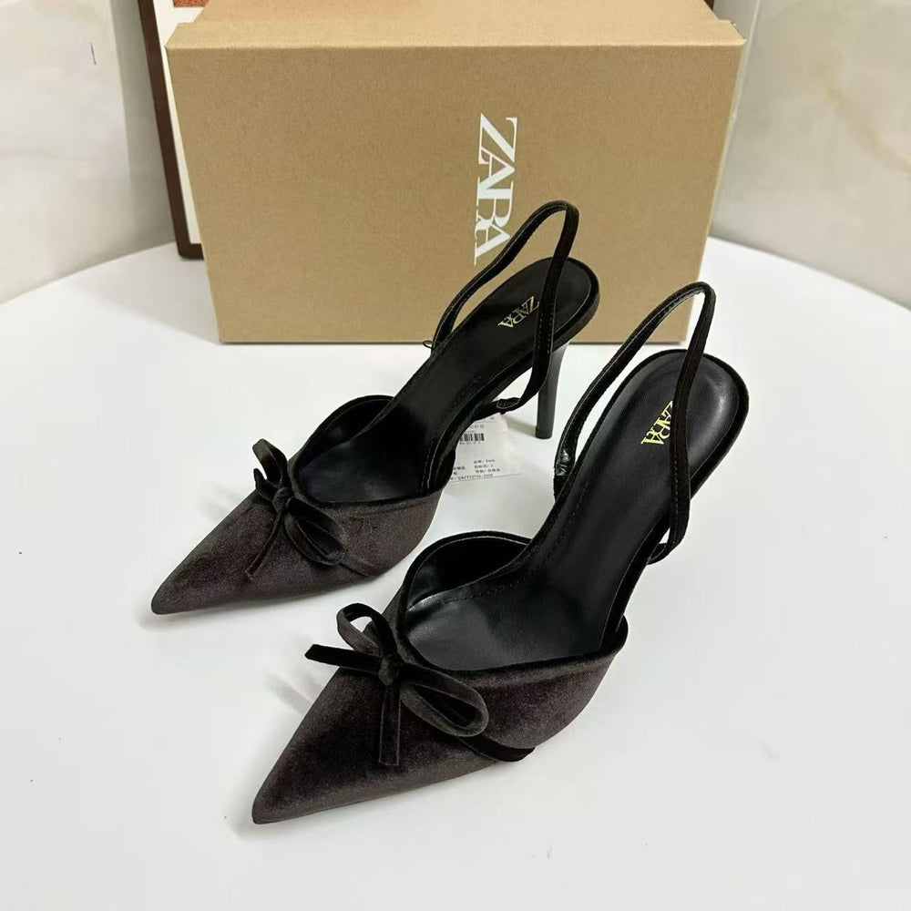 Za2025autumnew arrival velvet bow half bag pointed toe high heel sandals casualfashionclassy women's shoes