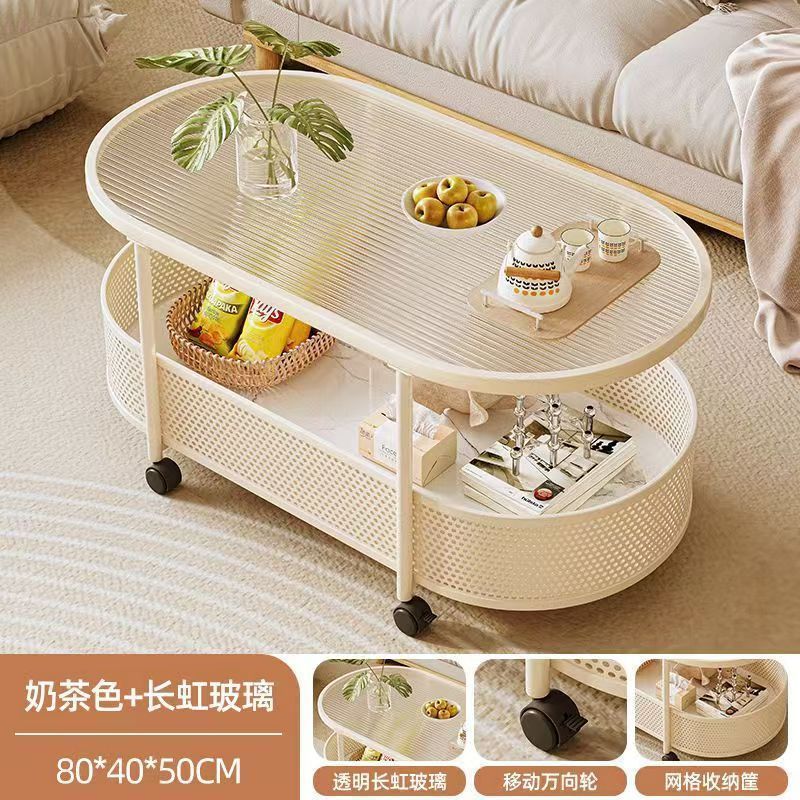 Creamy style lightweight movable side table small apartment living room coffee table sofa side table with wheels minimalist storage trolley
