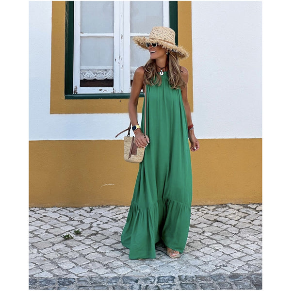 2024   summer fashion women's clothing lace collar solid color suspender long casual loose dress