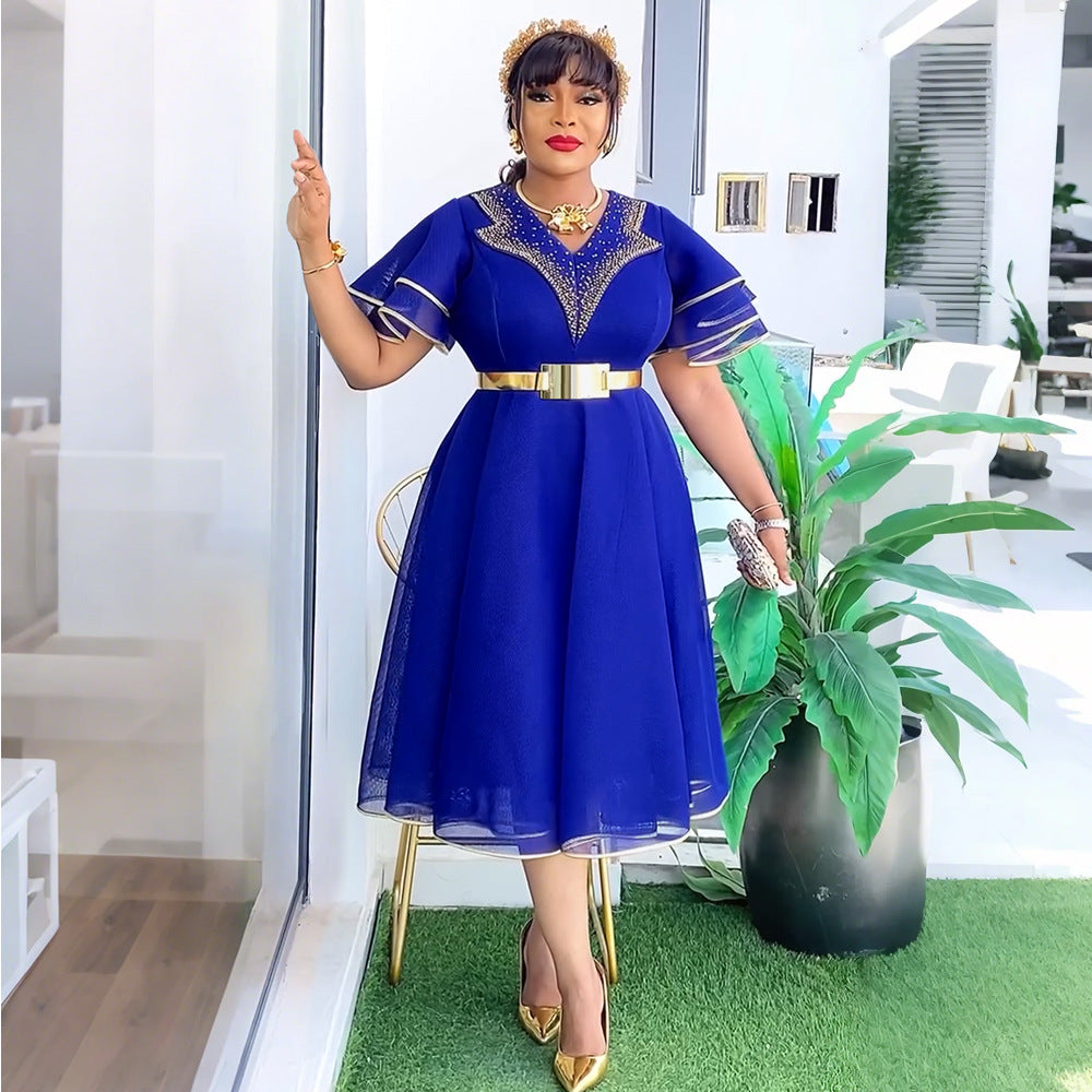 Fashion cross-border export african women's clothing plus sizev neck hip skirt  high waist bubble bead dress comes with belt