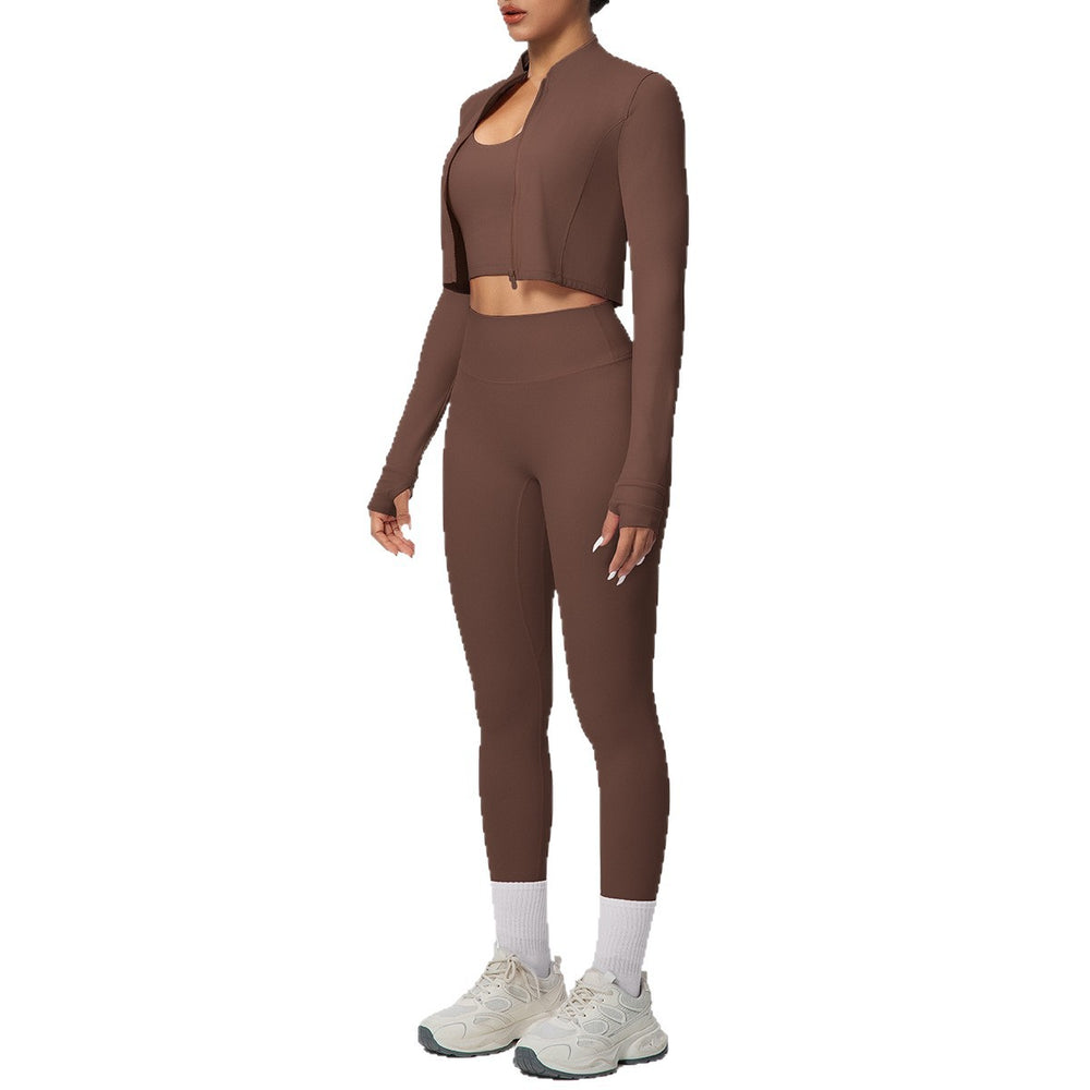 brushed tight-fitting breathable back-hanging halter vest long three-piece set sports running fitness yoga suit