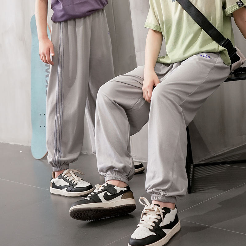 kids' summer lightweight joggers - solid color, side stripe, casual, unisex, anti-mosquito, home pants with elastic cuffs