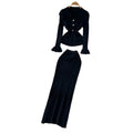 Xiaoxiangfengclassy lapel long sleeves slit knittingtopshigh waist hip-covering skirtelegantfrenchtwo-piece set