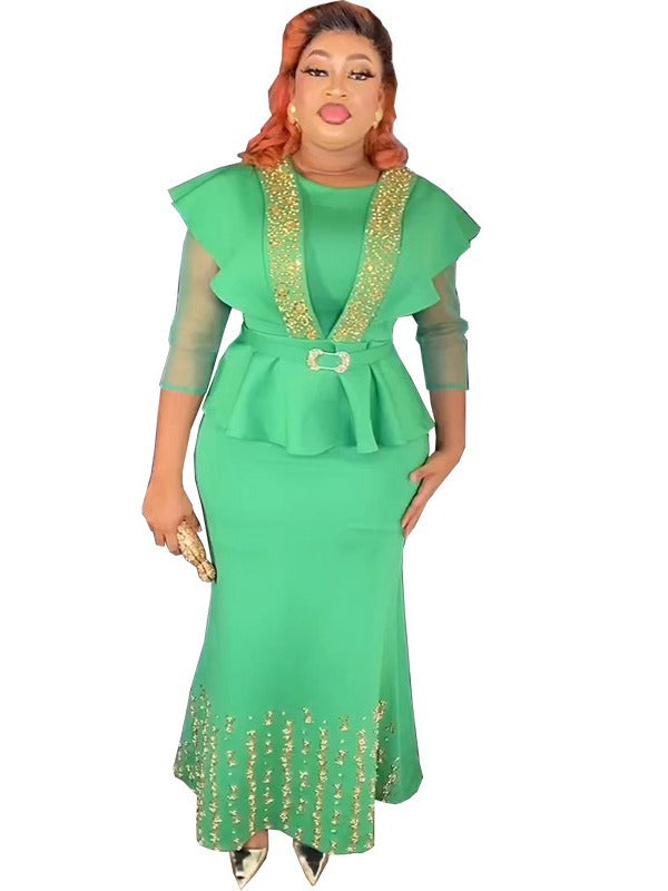 Special offer: african-style cinched waist top with beaded and rhinestone embellished solid color midi skirt - plus size european and american style dress