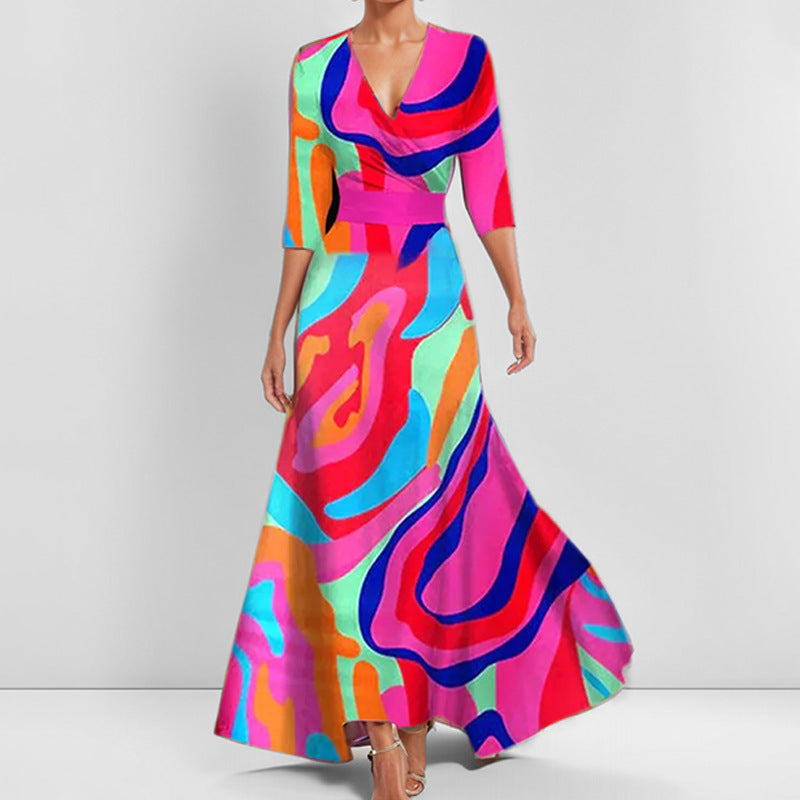 european and american cross-border women's fashion: new summer collection - sexy deep v-neck printed bodycon mini dress