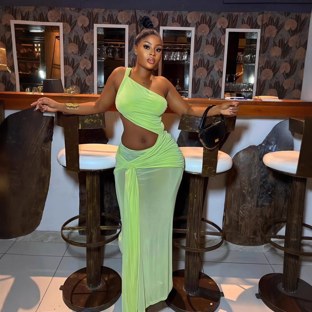 European and american cross-border women's fashion:  autumn new arrival - solid color sleeveless one-shoulder asymmetrical neck sexy backless ruched dress