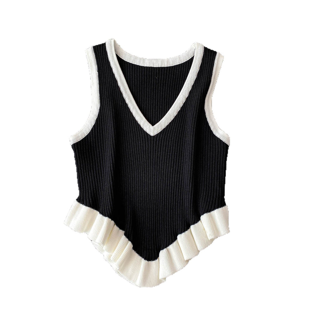 Sweet and spicy girl niche color-block v-neck sleeveless knit tank top for women,  summer new style, ruffle trim, slim fit, figure-flattering top