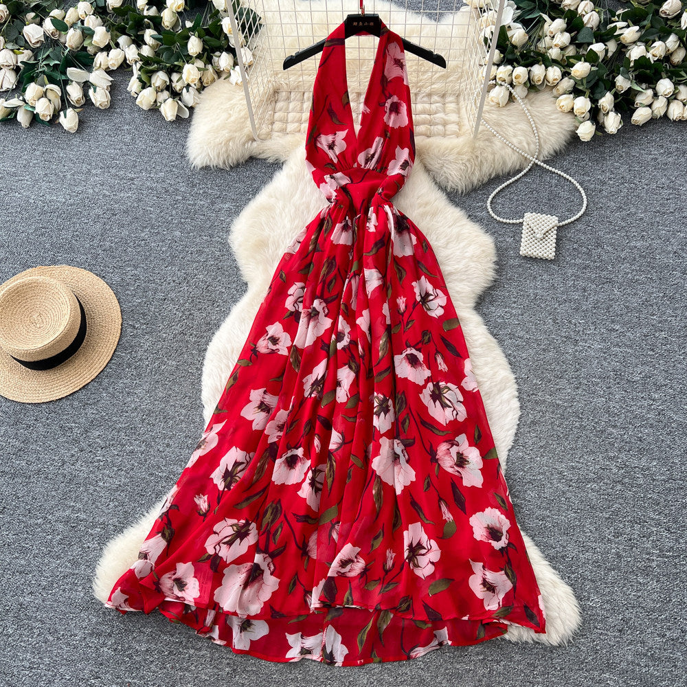 Pure desire style red printinghalterdress women's summer waist slimmingelegantelegancea-line elegant long skirt