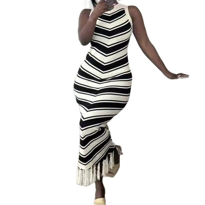 tight stripes tassel sweater skirt women's summer sleeveless hip skirt silmslimming lookknittingdress