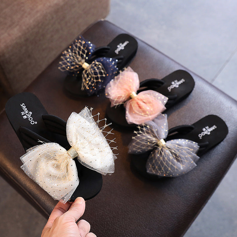 2025 new fashionable parent-child summer outdoor slippers, girls' holiday sandals, bowknot baby flip-flops