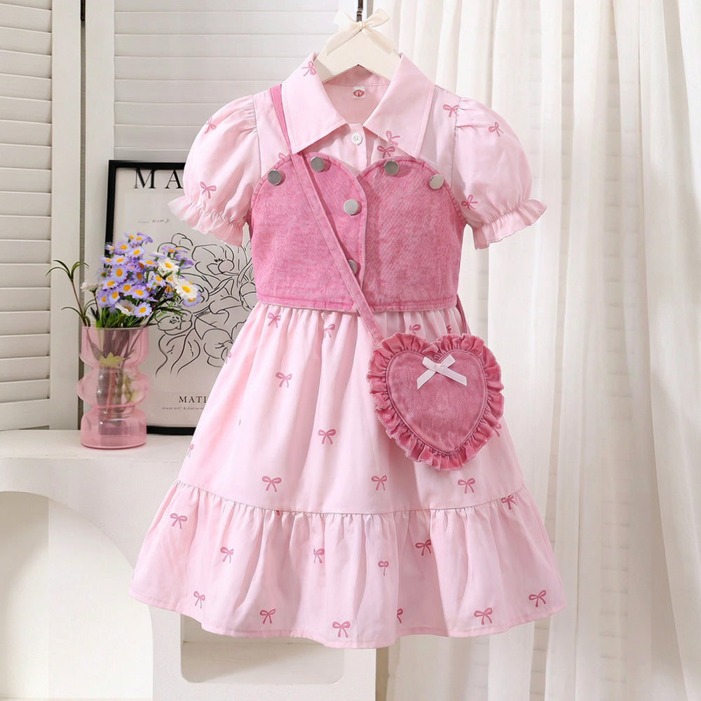 european and american cross-border girls' shirt dress, vest design, with heart-shaped bag three-piece set for girls