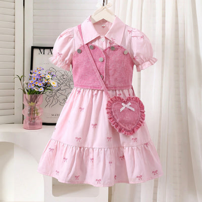 european and american cross-border girls' shirt dress, vest design, with heart-shaped bag three-piece set for girls