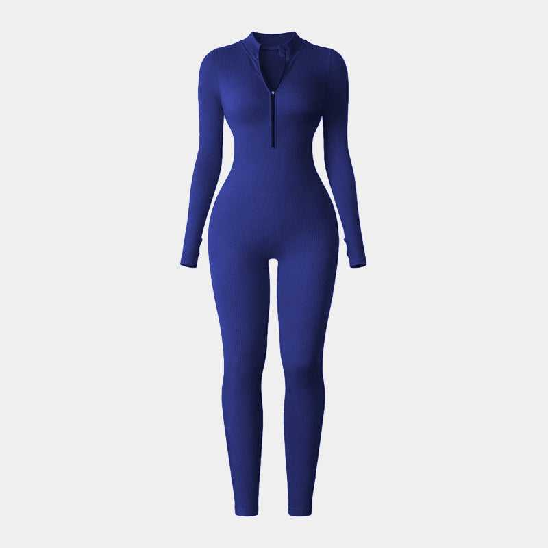 popular thick-threaded sports jumpsuit women's zipper thumb hole tight long-sleeved stand-up collar yoga clothes Europe and America