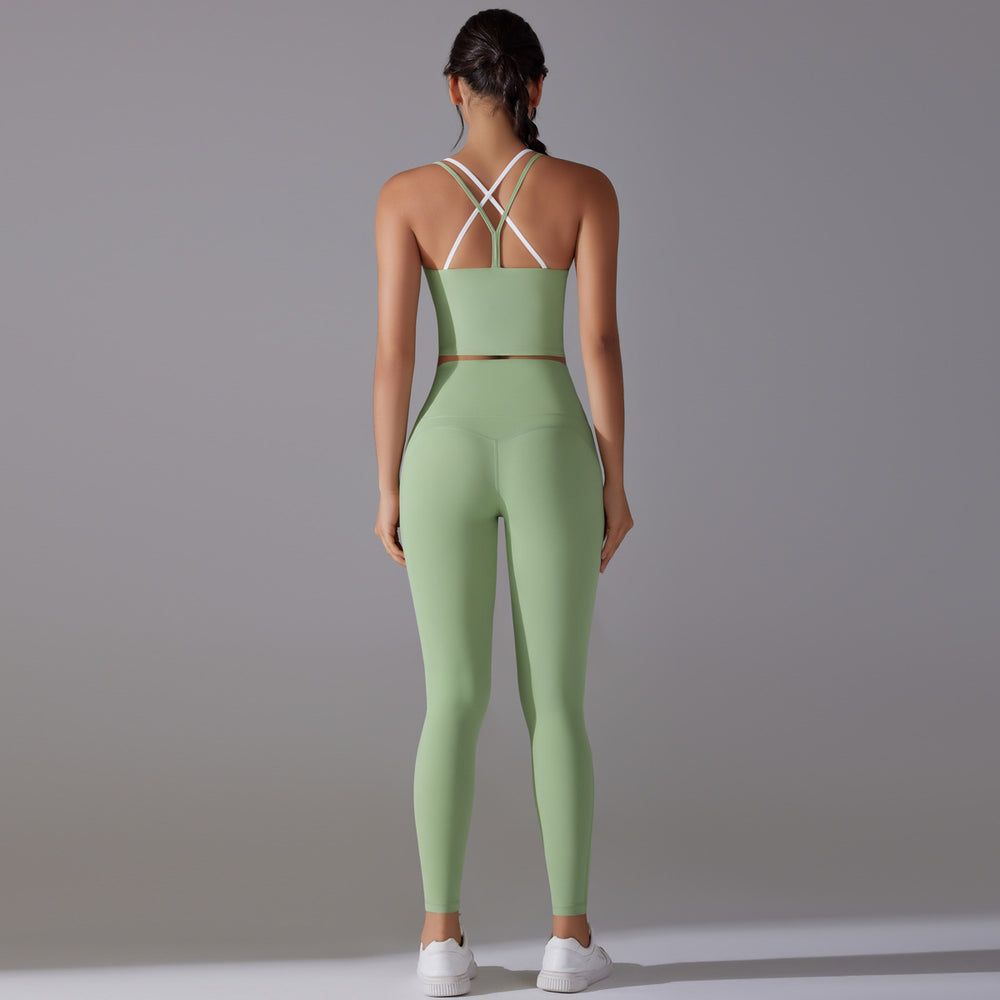 New antibacterial seamless underwear yoga set - beautiful back crisscross color block sports bra & fitness yoga outfit two-piece set