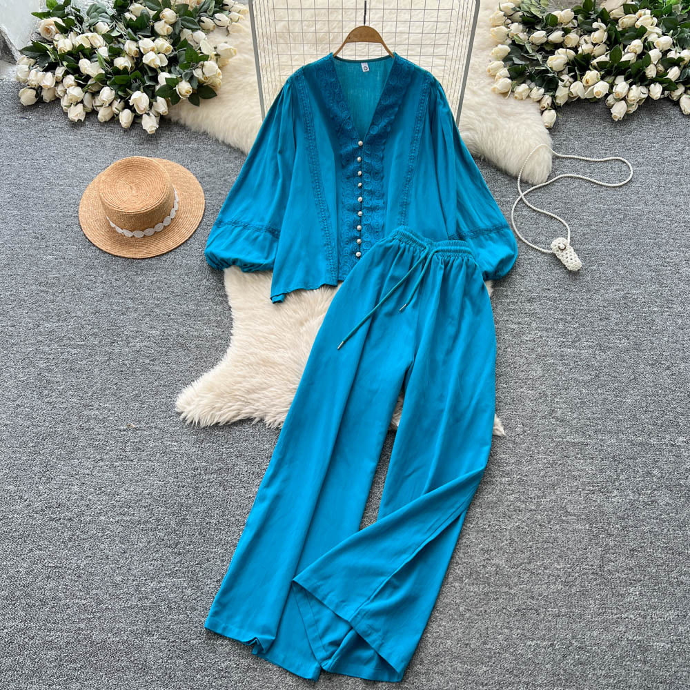 Classy sense of dressing for women autumloosecasuallacepatchwork lantern sleeve v neck shirt high waist wide leg straight-leg pants