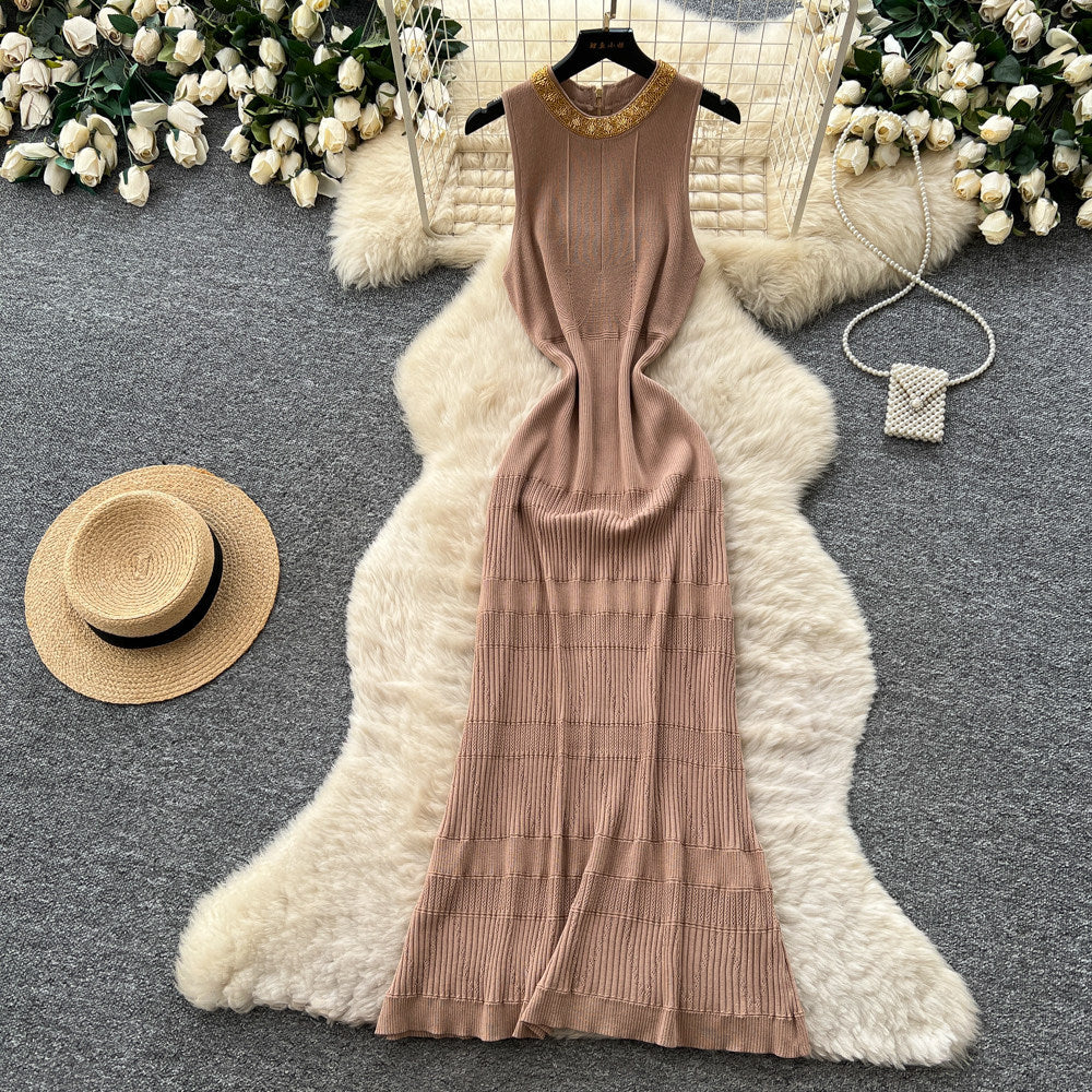 Qianjin wind sleeveless knitting silmdress women's summer k-style cut out breathablehigh waistslimming lookelegant long skirt