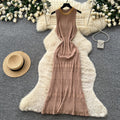 Qianjin wind sleeveless knitting silmdress women's summer k-style cut out breathablehigh waistslimming lookelegant long skirt