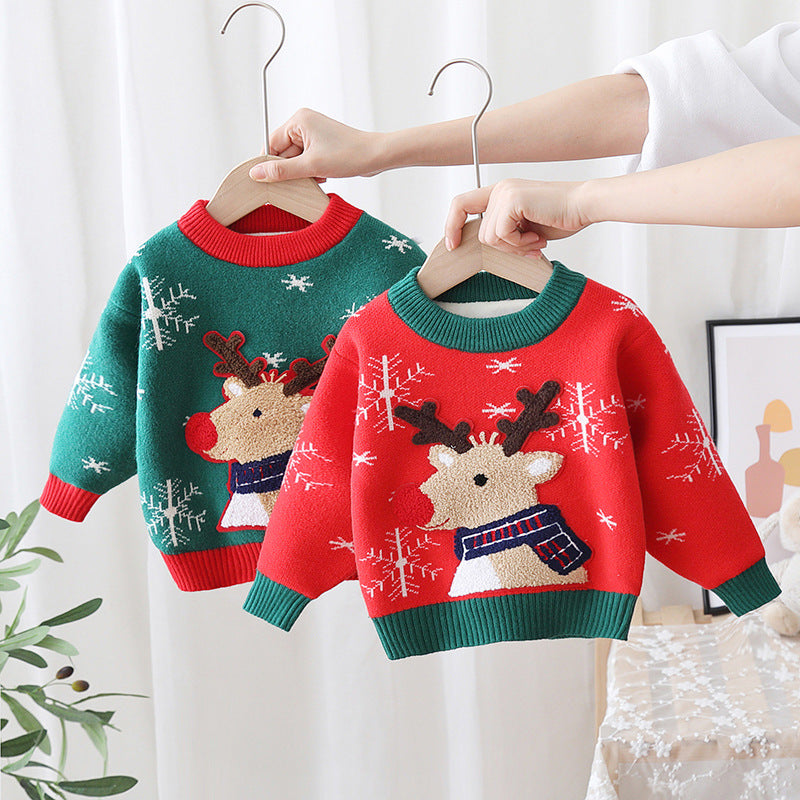 christmas fawn sweater for kids, fleece-lined and extra thick, chinese new year style, versatile knitted top for boys and girls