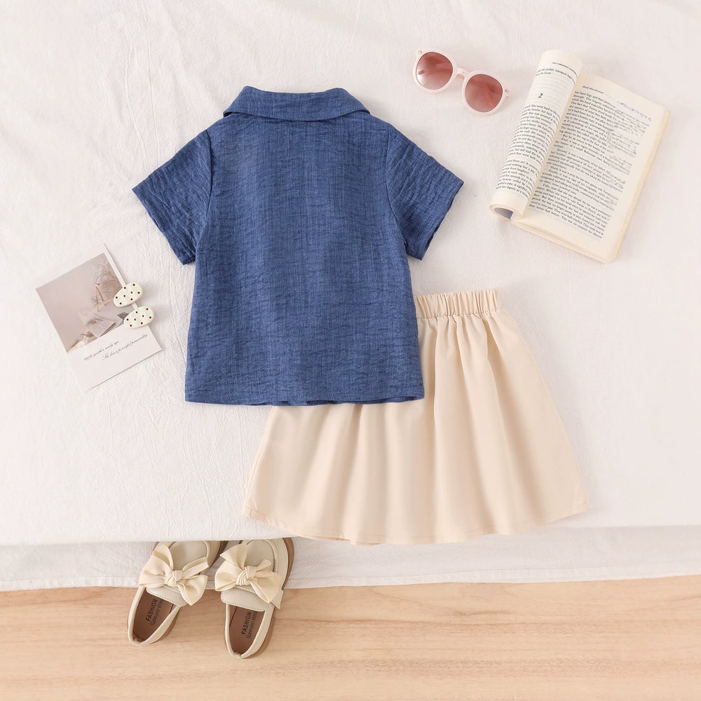 Girls' outfit set: new summer collection for cross-border e-commerce - preppy style lace-trimmed short-sleeve blouse with bow and pleated skirt