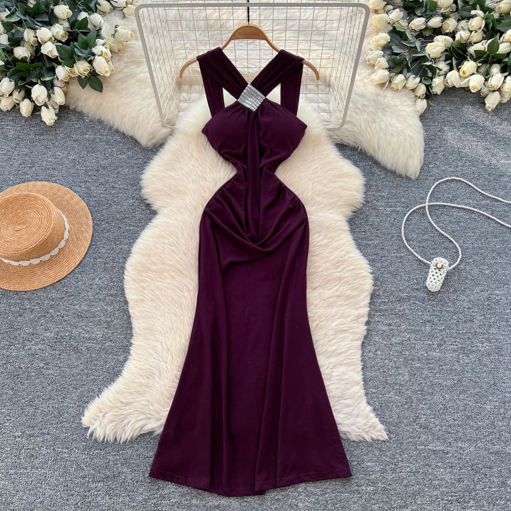 Accessible luxury celebrity heavy industry diamond cross halter suspender dress female sexy hot girl waist bag hip backless dress