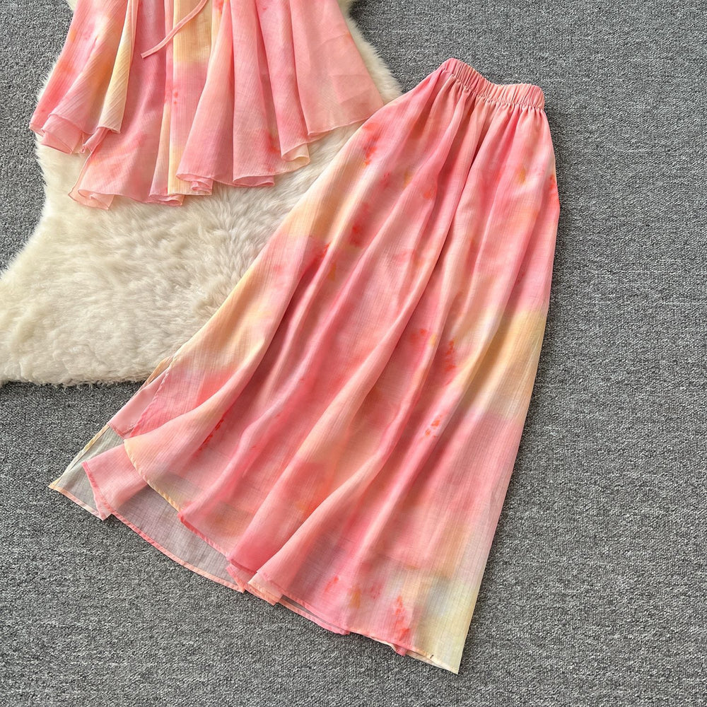 Fairy vacation outfit set:  summer french chic halter top with high-waisted printed midi skirt