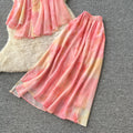 Fairy vacation outfit set:  summer french chic halter top with high-waisted printed midi skirt