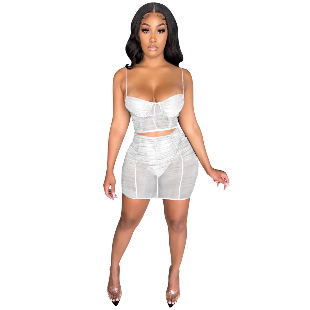 C5176 in-stock summer fashion sexy camisole solid color milk silk mesh see-through bodycon mini skirt two-piece set for women