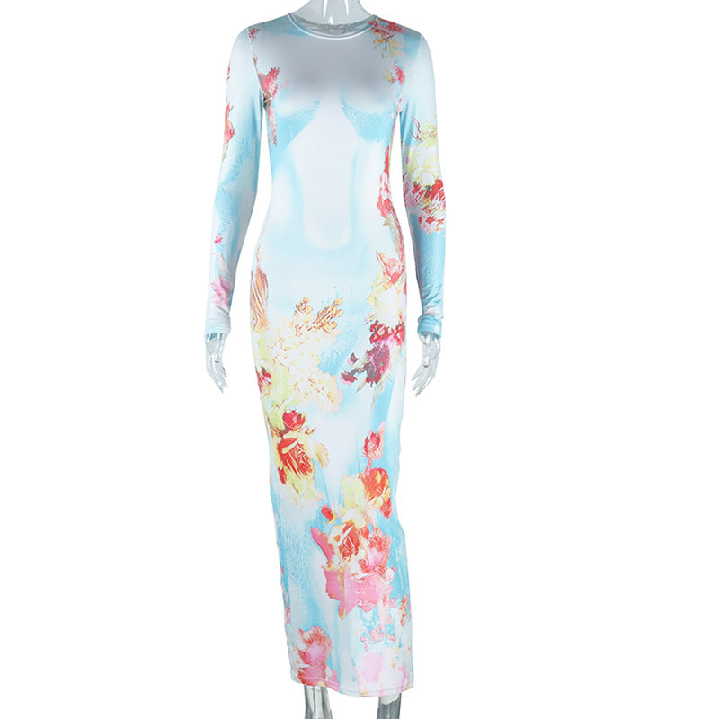 European and American style  fashion printing round neck pullover long sleeve hip wrap long skirt street temperament casual dress women
