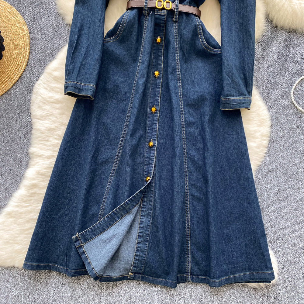 European and american retro style polo collar denim dress - women's winter belted slimming single-breasted design elegant maxi dress