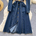 European and american retro style polo collar denim dress - women's winter belted slimming single-breasted design elegant maxi dress