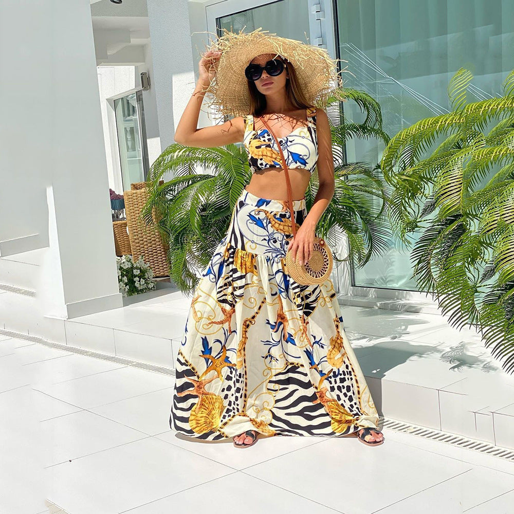 2025 spring/summer new european and american style women's sexy & chic camisole print dress set - beach dress two-piece outfit