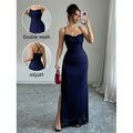 women's mesh panel crisscross backless maxi dress