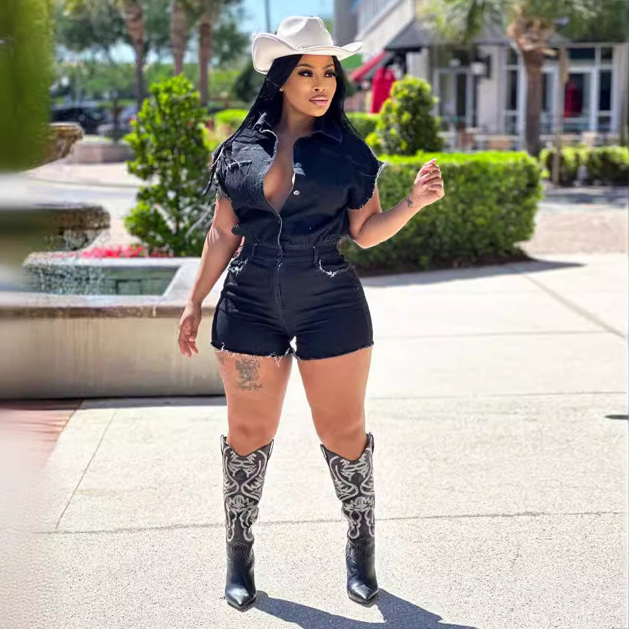 Amazon cross-border hot seller: european and american style sexy short-sleeve stretch denim jumpsuit romper - new summer collection