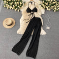 Beach vacation set for women: sexy bikini with halter top, unique cutout knit wide-leg pants