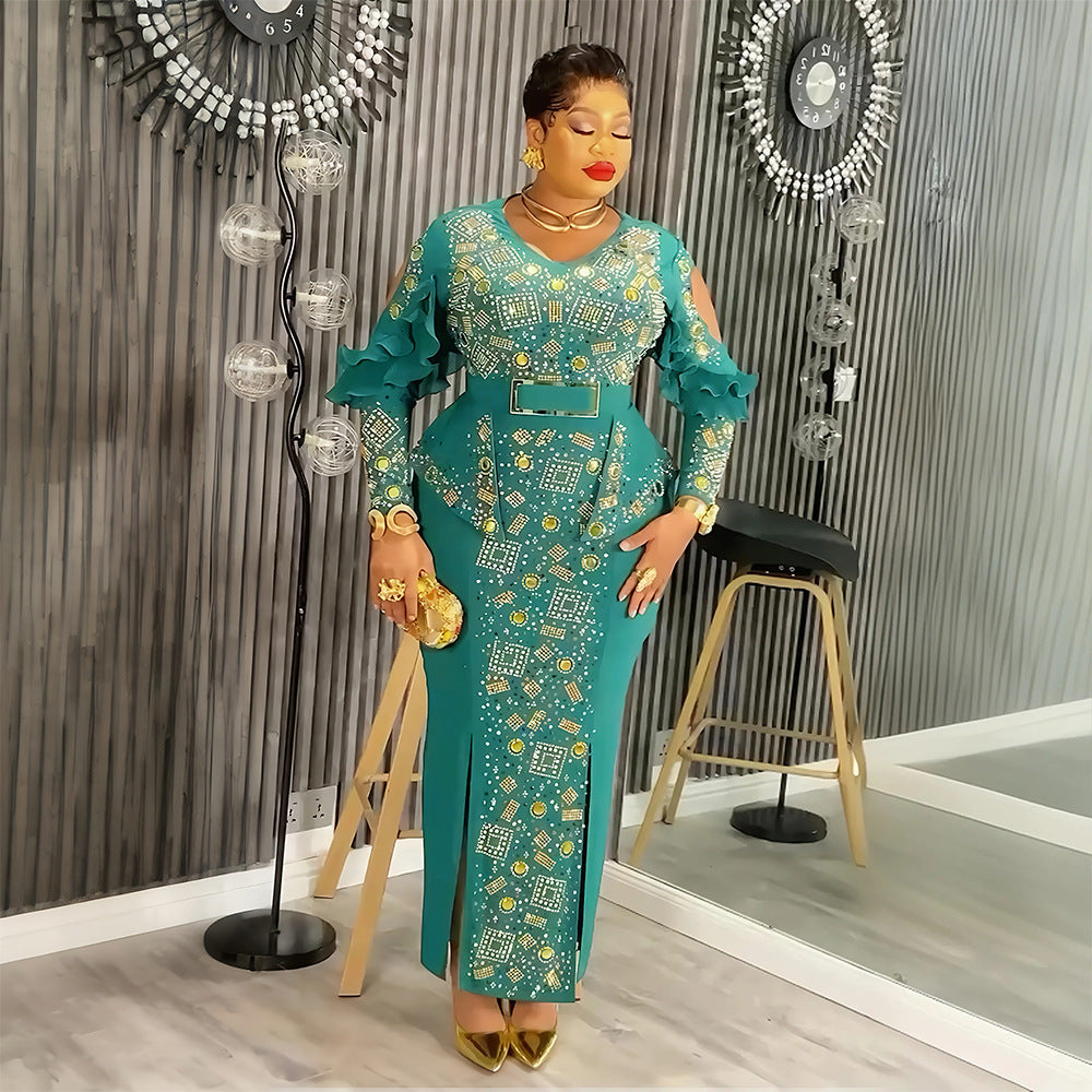 african women's plus size new elegant fashion rhinestone beaded bodycon dress evening gown