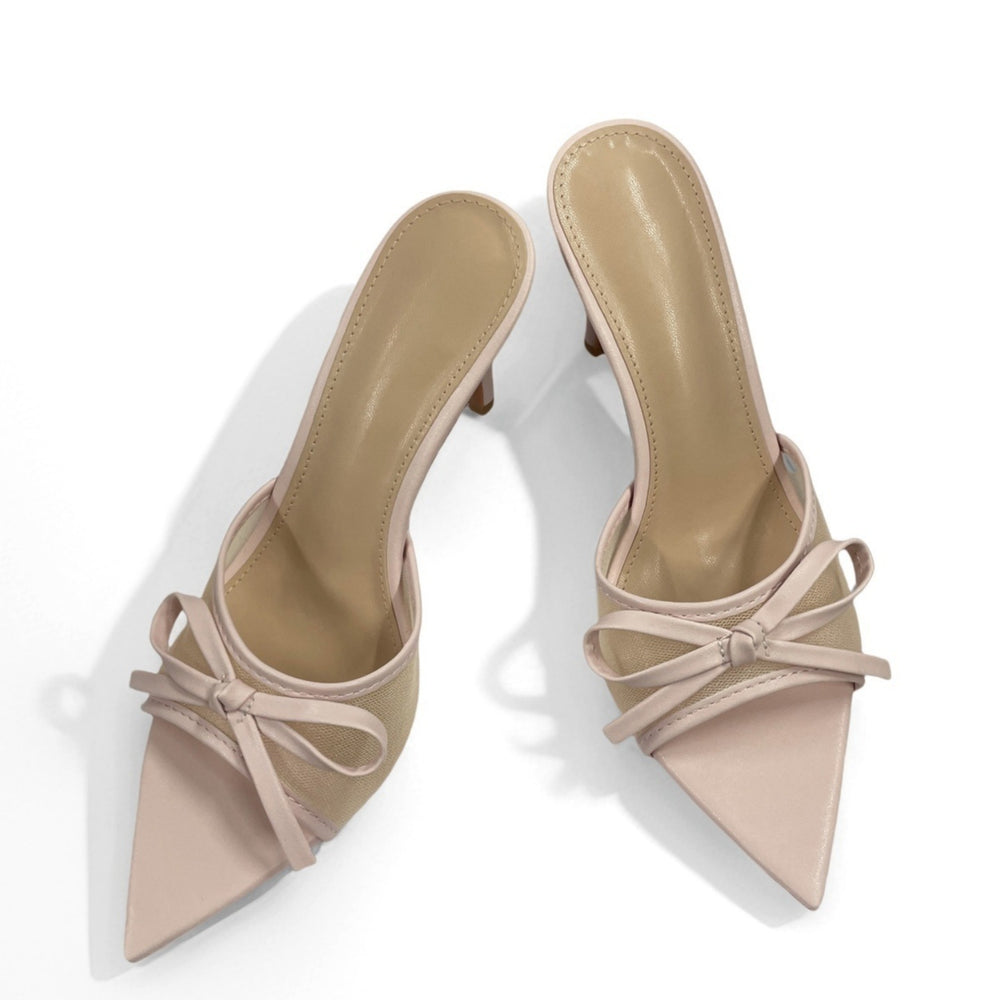 2026 summer breathable open-toe pointed-toe mules women's shoes sweet bow sandals european and american style elegant mesh high heels