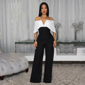 C7498 cross-border   fashion women's casual v-neck backless black and white wide-leg jumpsuit new