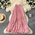 K-style floral high waist elastic waist a-line pleated skirt women's spring summer mid-length skirt slimming look large swing work clothing skirt