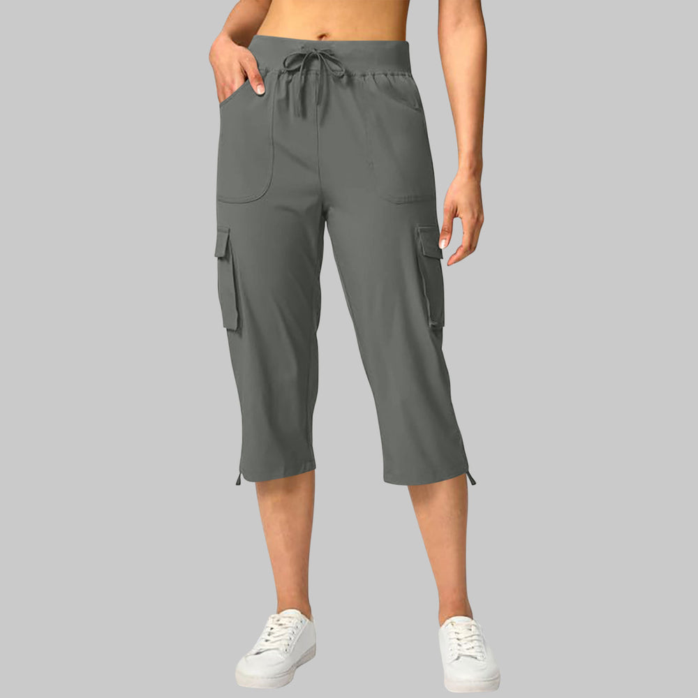 european and american cross-border summer new solid color women's elastic waist casual cargo capri pants with pockets