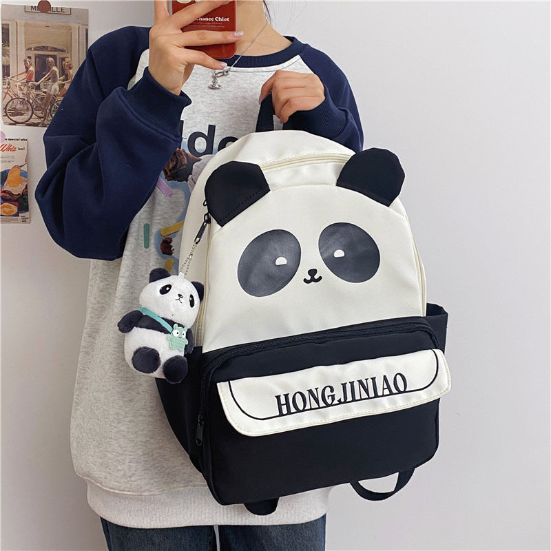 New plaid versatile casual girl backpack cute cartoon panda schoolbag female primary school junior high school student backpack