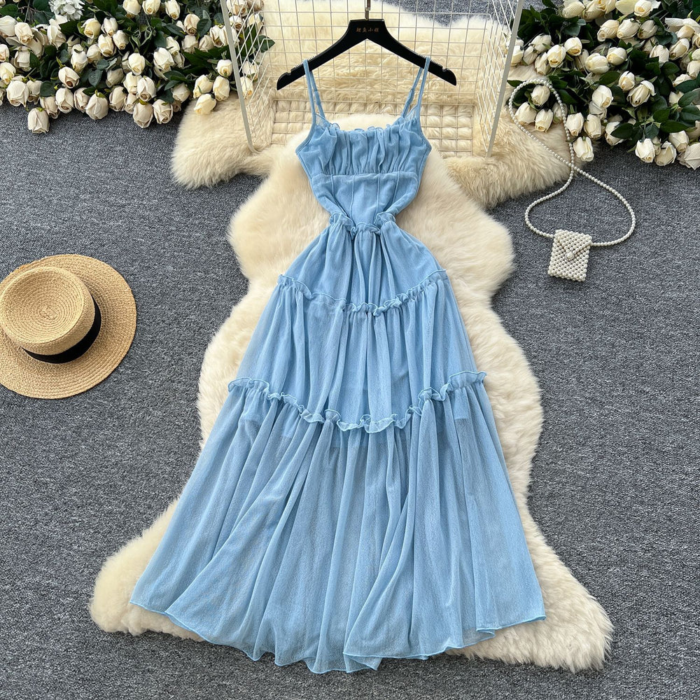 French tea break retro suspender dress women's vacation style waist slimming look pleated design draped large swing long skirt