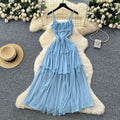 French tea break retro suspender dress women's vacation style waist slimming look pleated design draped large swing long skirt