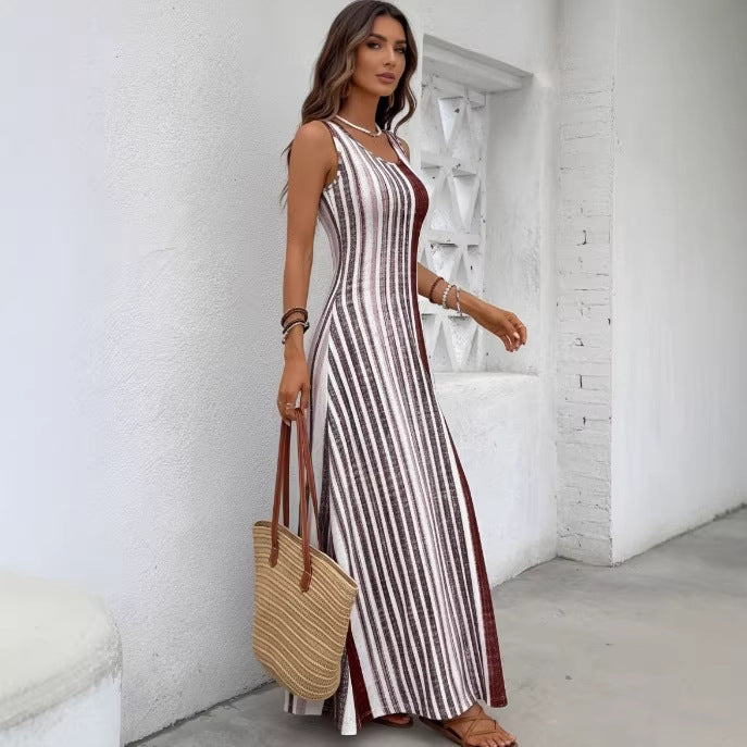 Hot-selling european and american independent store: premium, high-quality, long-sleeved, summer vacation-style white striped dress for women