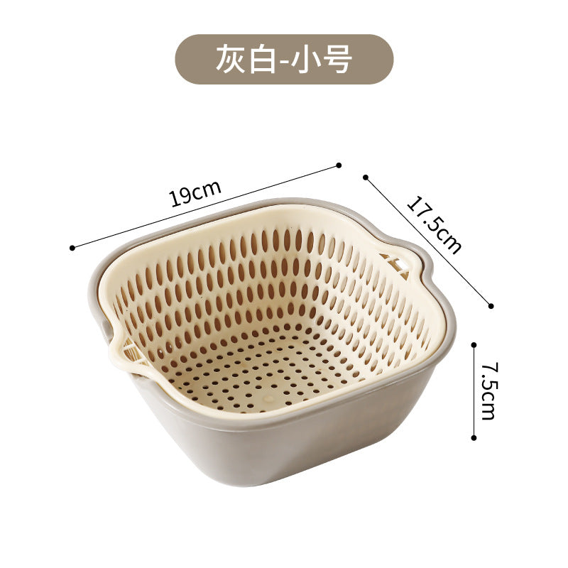 Double-layer vegetable basin drain basket six-piece set kitchen fruit washing tray living room for home square vegetable washing basin vegetable basket