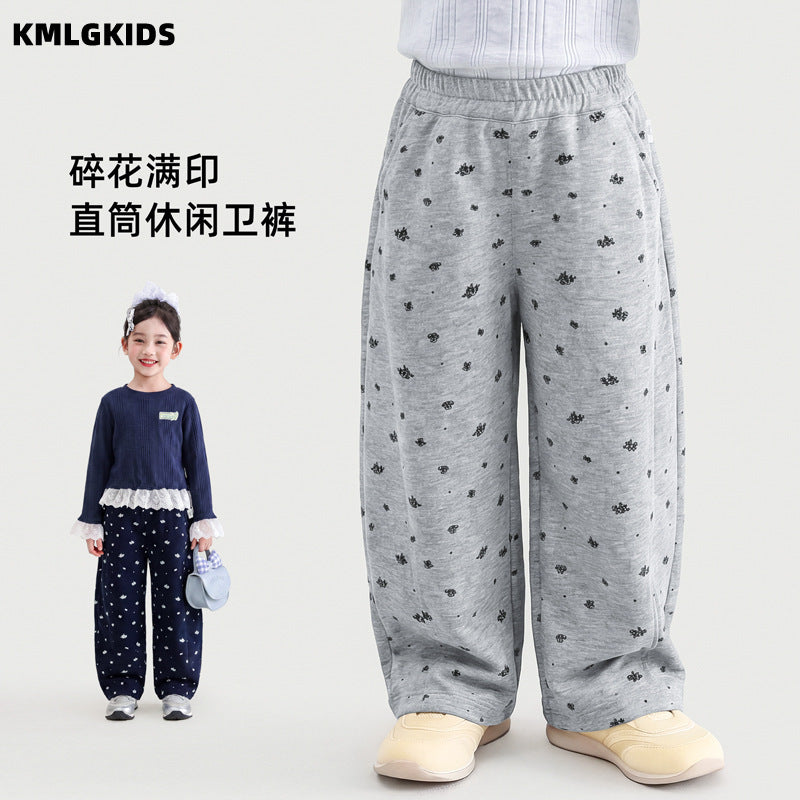 Girls'  autumn new arrival: all-over floral print embroidered straight-leg comfortable casual pants