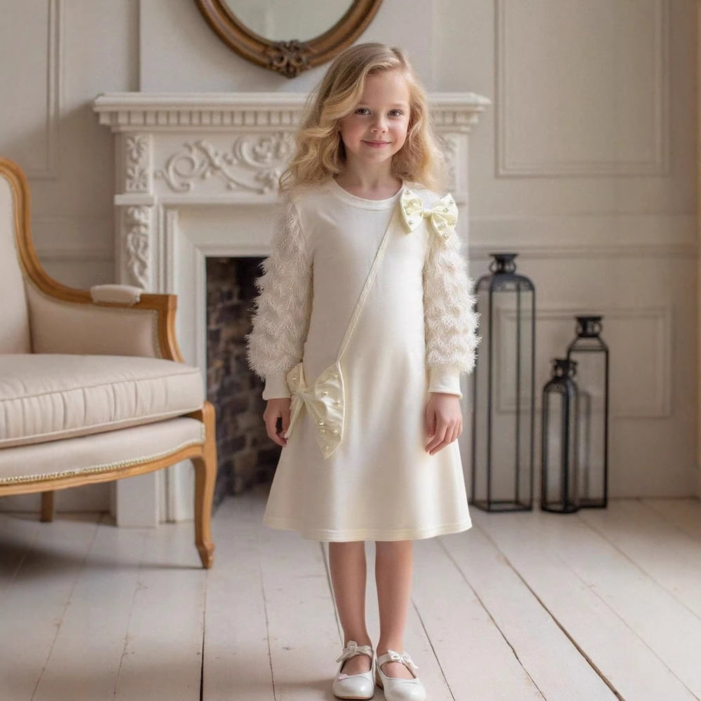 Hot-selling new princess dress for 's international market: solid color, round neck, beaded puff sleeve dress with bow