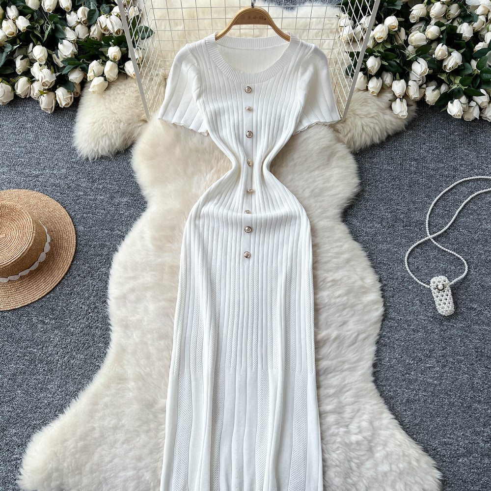 Xiaoxiangfeng fashionablefashionable metal buckle silm short-sleeved knittingdress female summerfrench waist sweater skirt