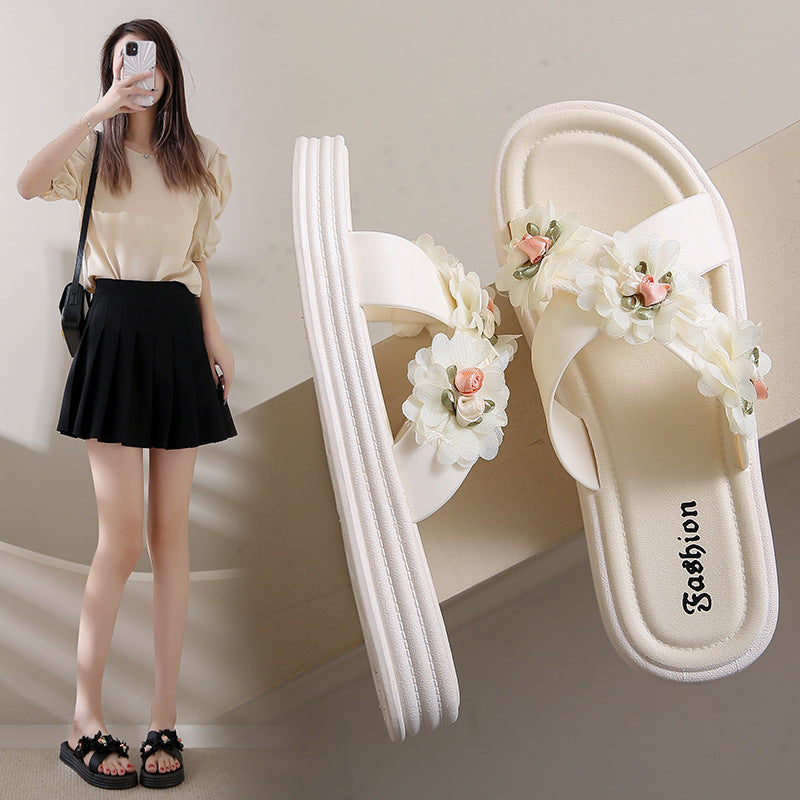 Sweet fairy style slippers women's new summer outwearfashion flower dissolving thick sole cross one-character sandals