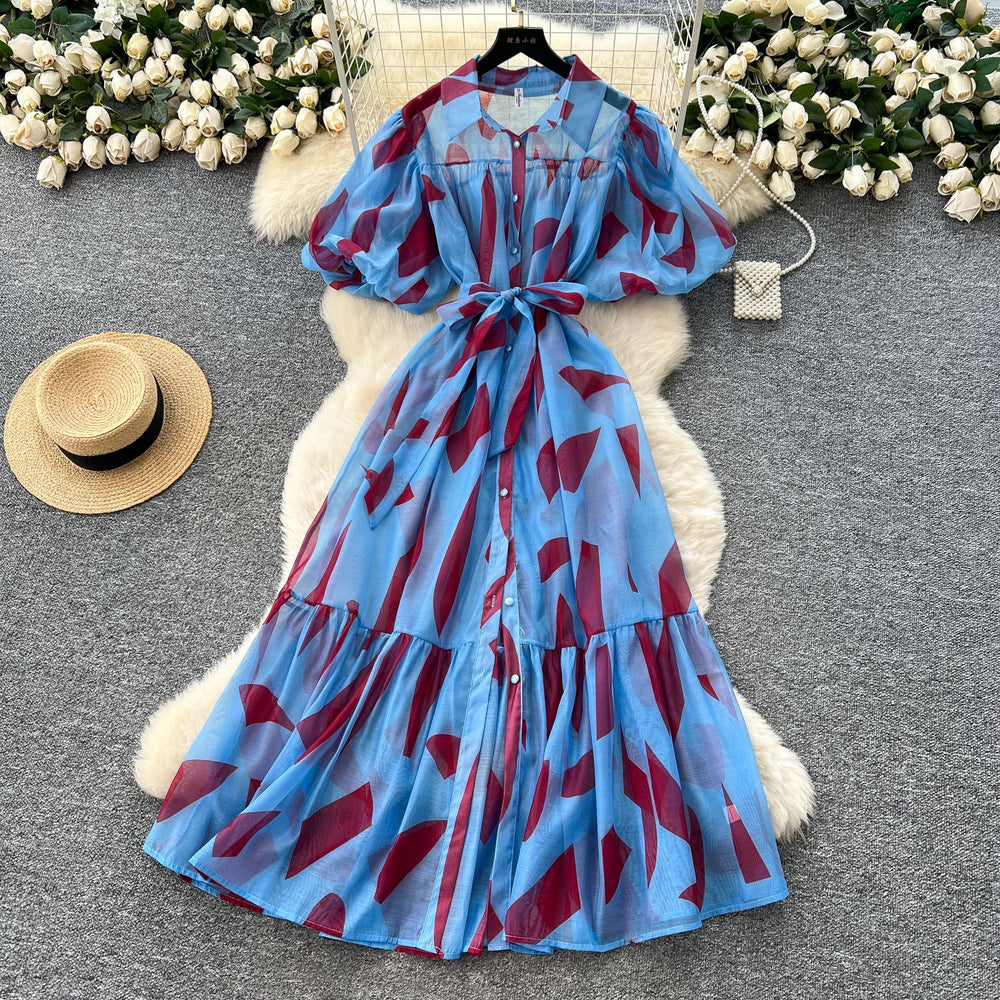 Palace style niche styleclassy puff sleeve shirt dress female french strap waist printing large swing long skirt