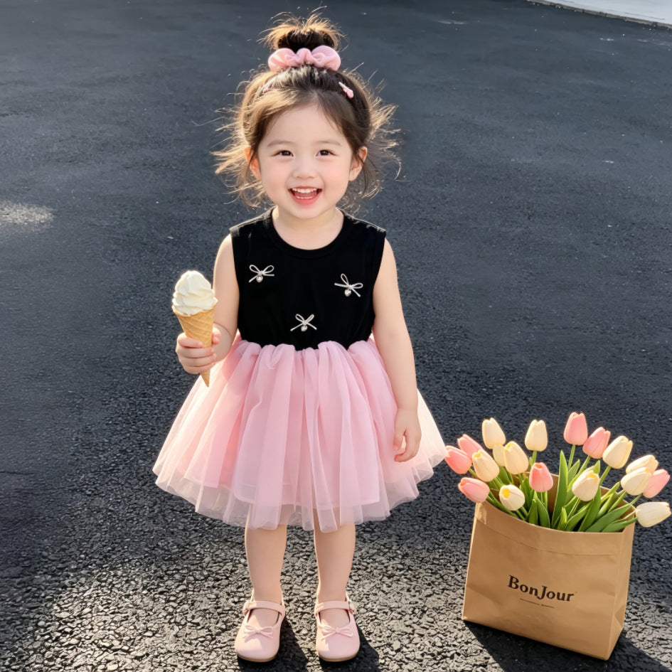 Girls' ballet tank dress summer : french sweet style sleeveless puffy princess dress with mesh overlay